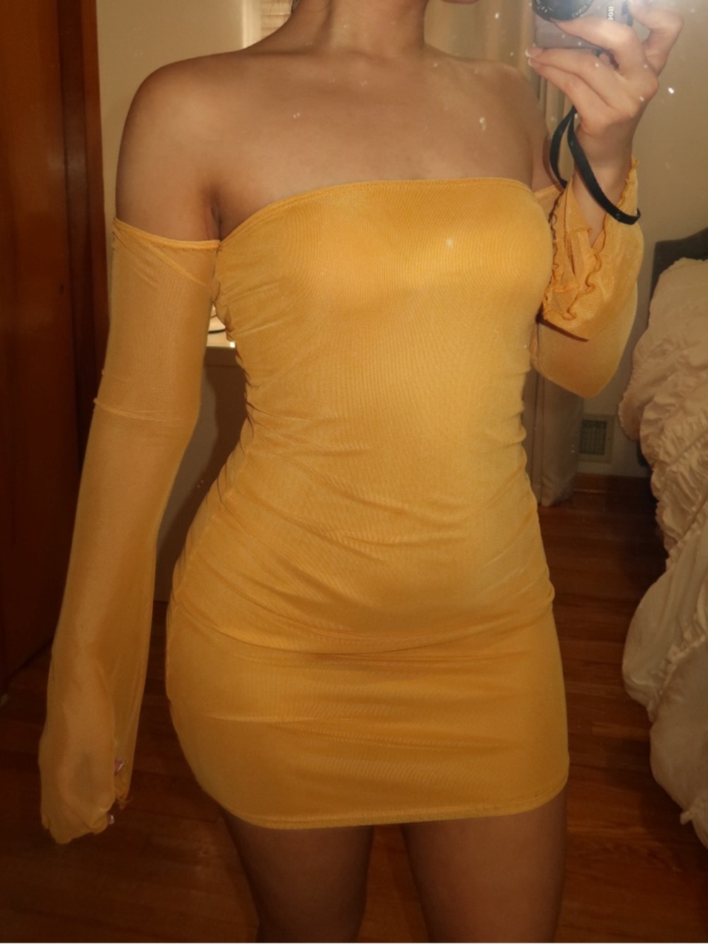 Fashion Nova Yellow mesh off the shoulder mini dress (Size M)